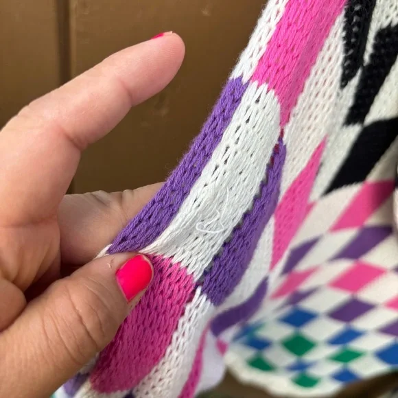 Teddy Fresh Full Zip Knit Hoodie Womens XS/S Checkered Multicolor Oversized - Picture 7 of 15